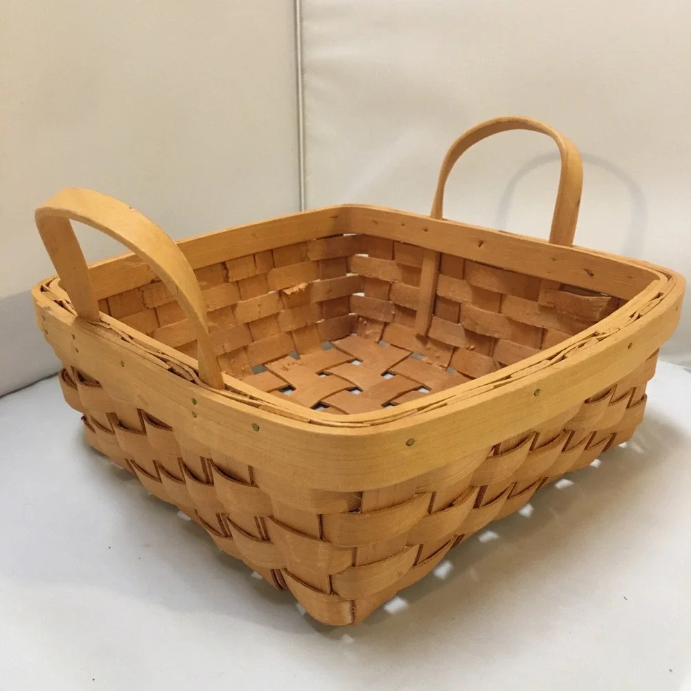 Woven Square Basket Unisex Medium Natural Wood Dual Handle Longaberger Farmhouse